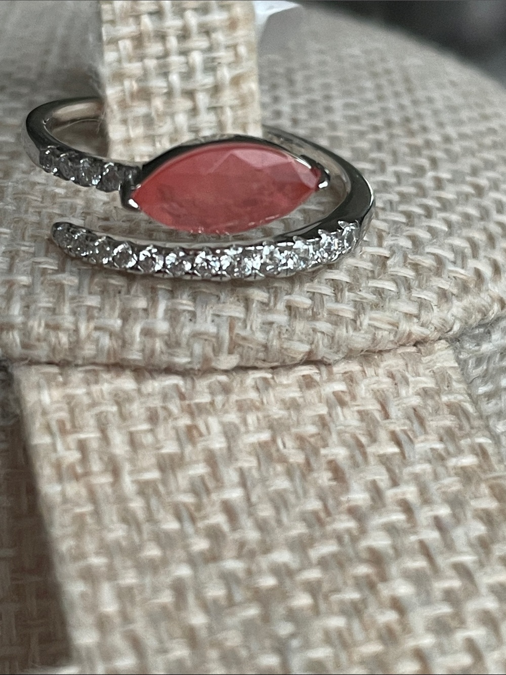 Watermelon Calcite & Quartz Marquise Gemstone & Pavé Band 925 SS - Size 8